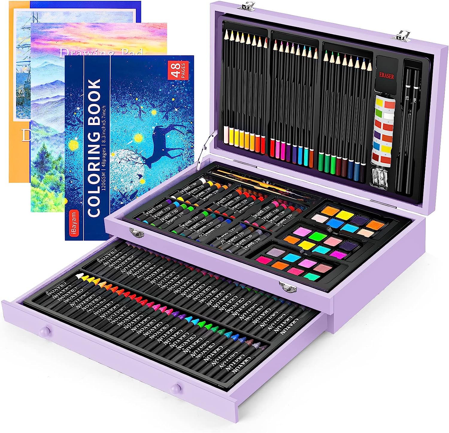 230816082653401_1 Art Supplies, iBayam 150-Pack Deluxe Wooden Art Set Crafts Drawing Painting Kit with 1 Coloring Book, 2 Sketch Pads, Creative Gift Box for Adults Artist Beginners Kids Girls Boys - Image 1